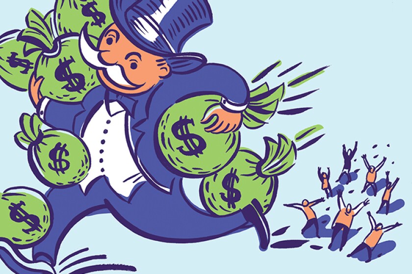 A man with a beautiful gray mustache, in a tuxedo and with bags of money run, while the others look after him.